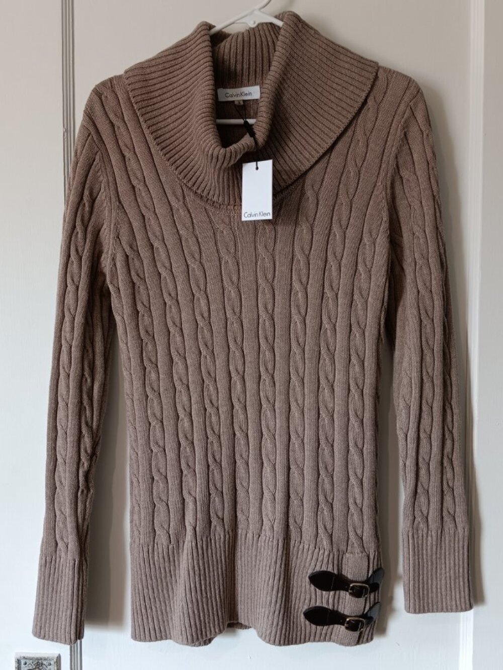 Calvin Klein Sweater Cable Knit Cowl Turtleneck M Brown Buckle Downtown Girl Y2K